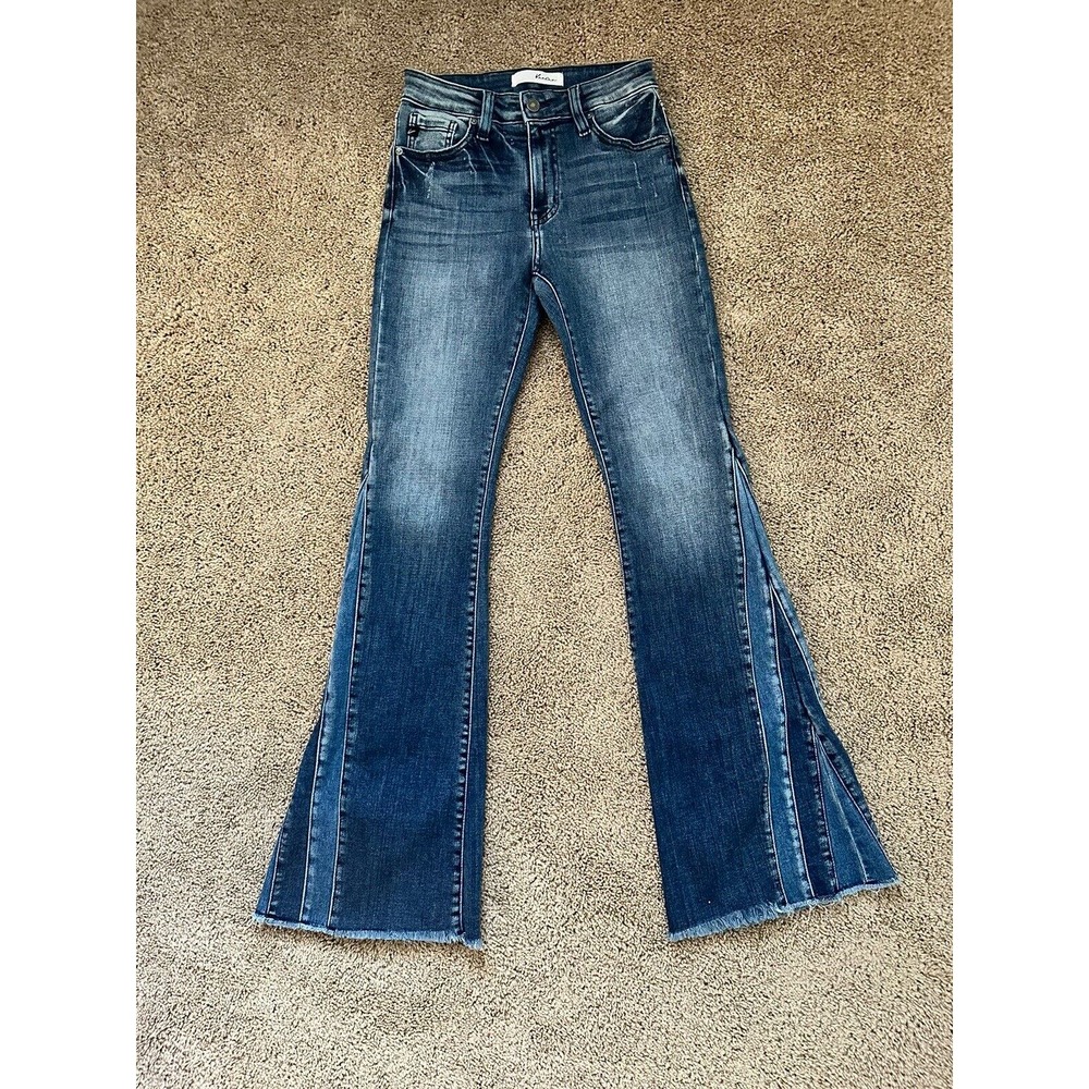 KanCan Jeans Women's 5/26 Stonewash High Rise Flare Fly Wide Hem Piecing